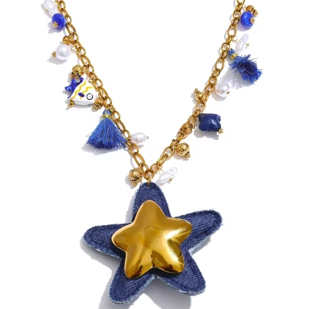New! FP Stargazer 18k Gold Ss Star Pendant Charm Denim Necklace